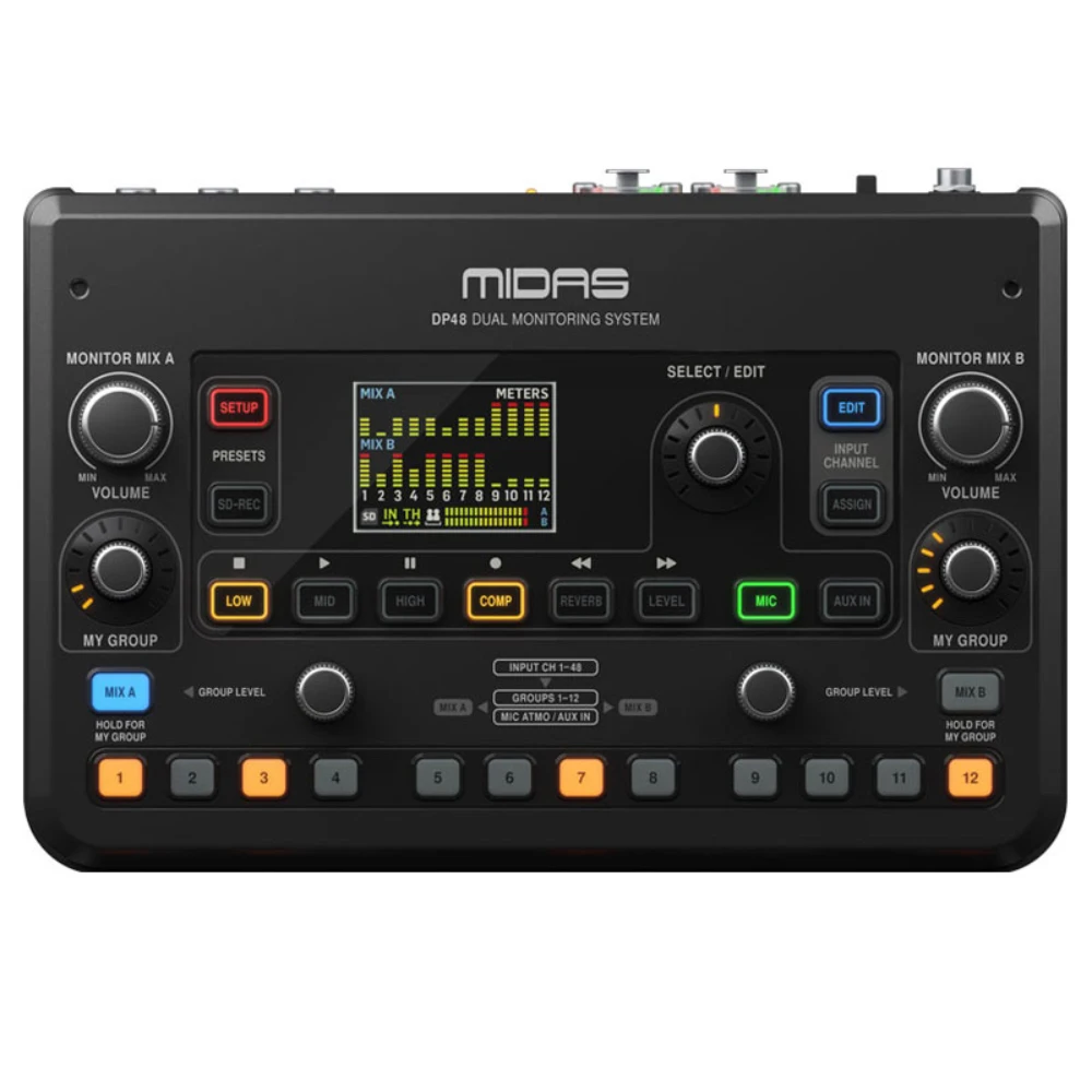 Midas DP48 48-channel Dual 48-Channel Digital Personal Mixer with 12 Stereo Groups, Stereo Ambiance Microphone, and SD Recording