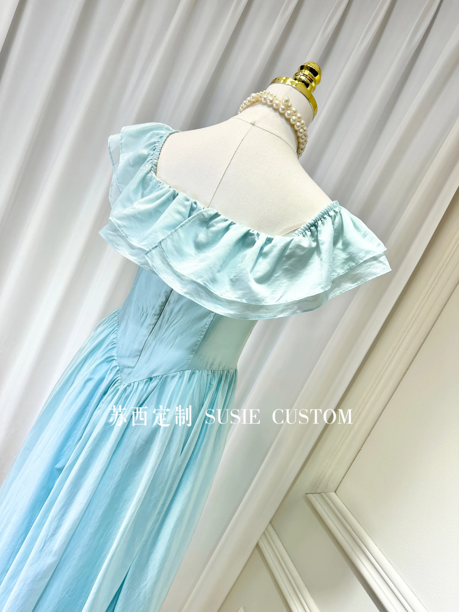 French Sweet Princess Style Ruffled Collar off-Shoulder Backless High Waist Slim Fit Pleated A-Line Long Dress Women Summer 2024