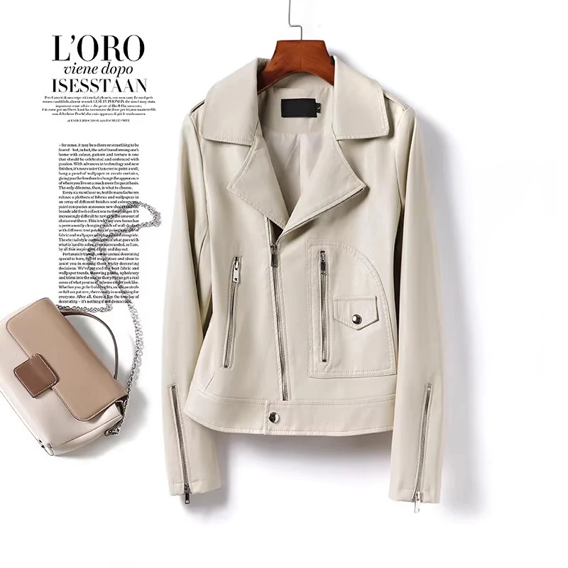 New Women Moto Biker Jacket Split Leather Spring Autumn Fashion Suit Collar Long Sleeve Slim Leather Coat Casual Short Coat view 4