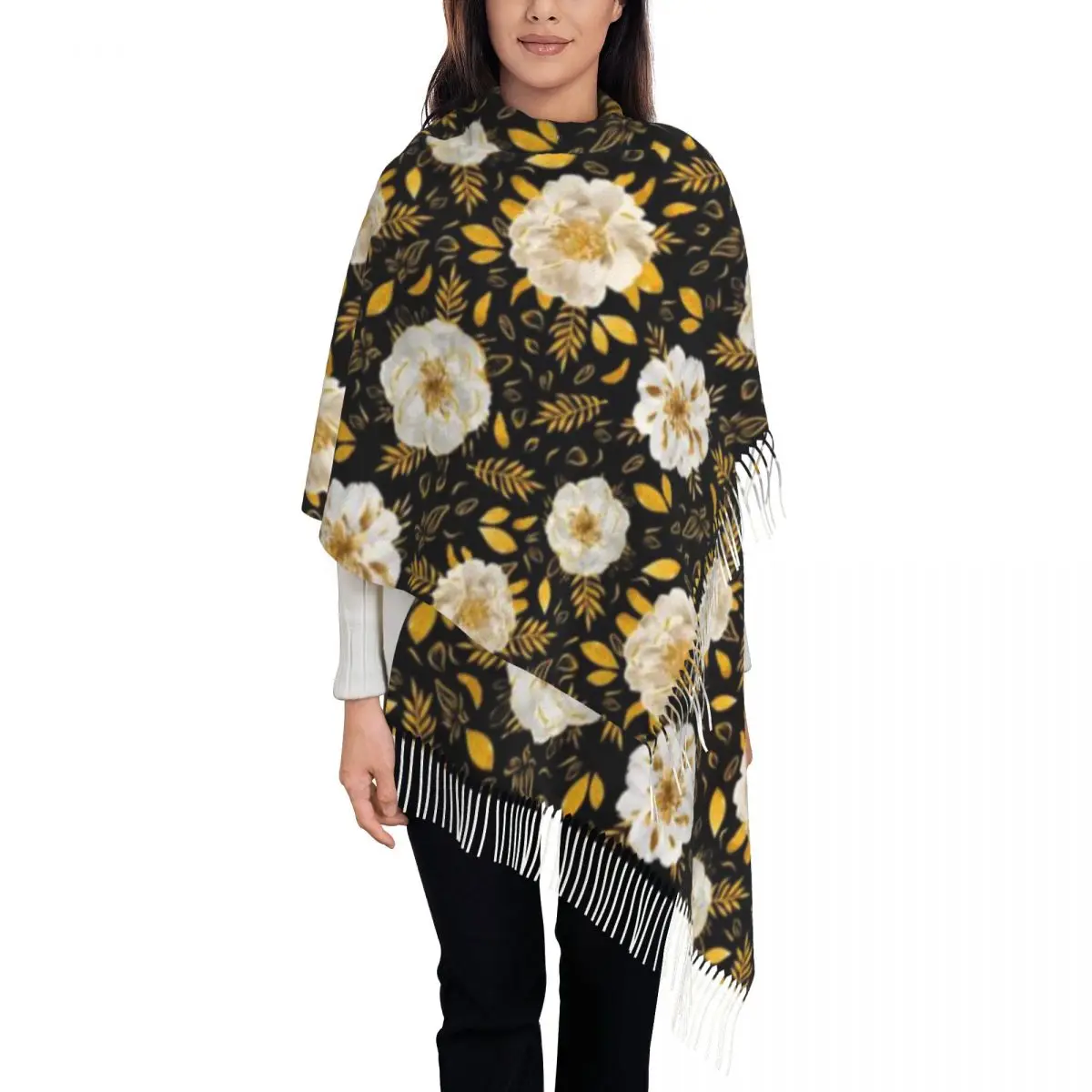 شال الزهور الذهبية والأوراق وشاح شرابة