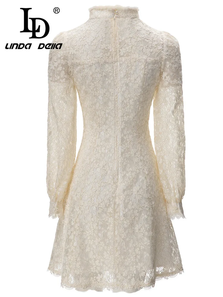 LD LINDA DELLA Autumn winter Vintage Extravagant Dress Women White Nail Bead Fit High Waist Mink Hair Standing Collar Mini Dress