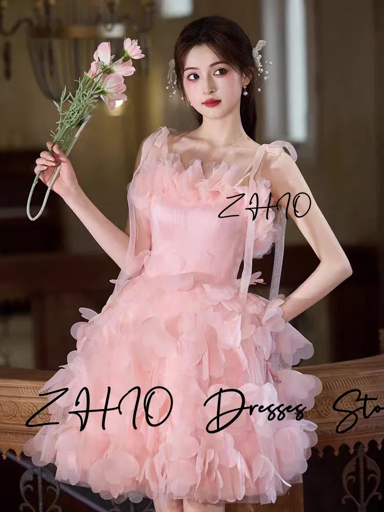ZHIO Elegant Pink Wedding Party Dress Sweetheart Spaghetti Straps Draped A-Line Organza Birthday Short Prom Gown Customized