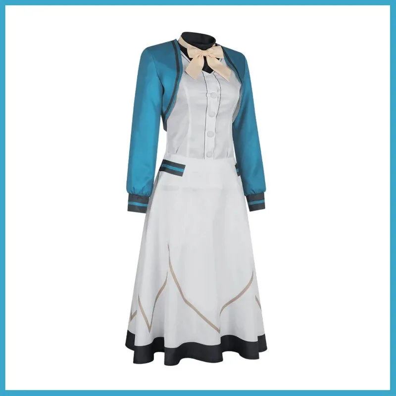 애니메이션 사일런트 위치치 모니카 에버렛 코스프레 의상 블루 코트 화이트 드레스 유니폼 여성 섹시 마스크 볼 카니발 슈트;3'v,6.h;8