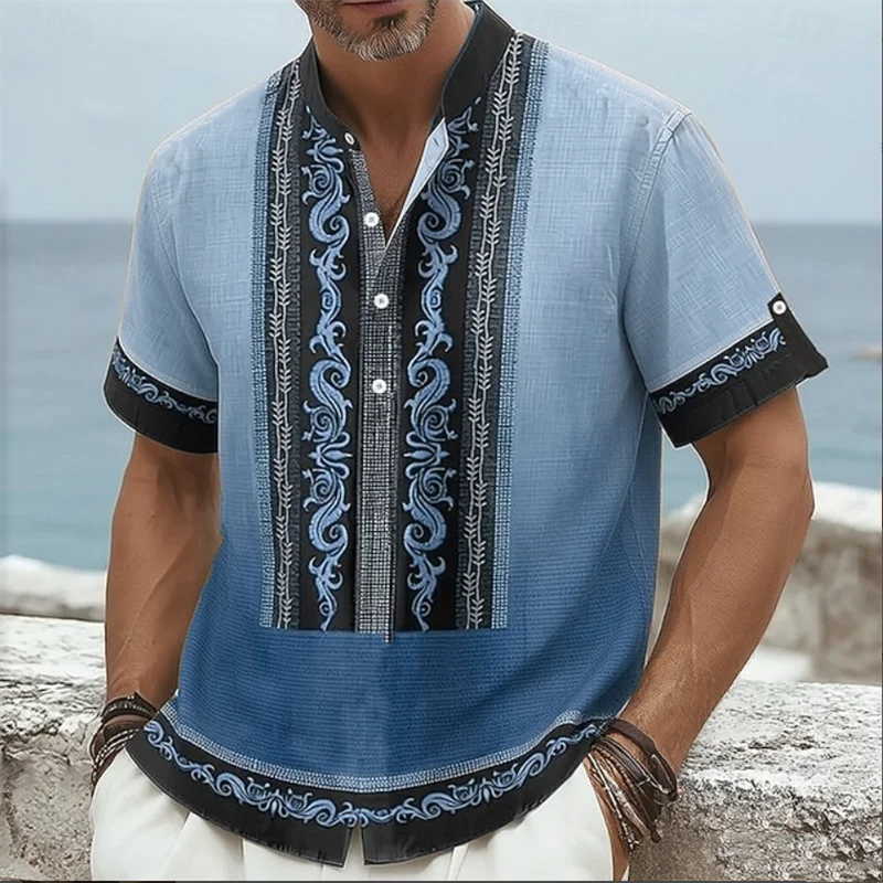 New 3D Black Purple Geometric Printed Men's Short Sleeve Shirt Linen Light Luxury Business Collar Casual Shirt