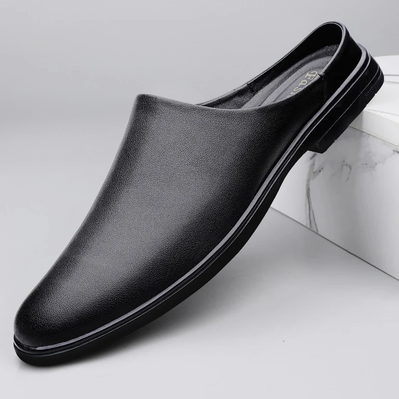 2026 Adult Summer Half Drag Peas Leather Mens Driving Shoes Men's Backless Penny Loafers Men Moccasins Man Mules Tenis Masculino