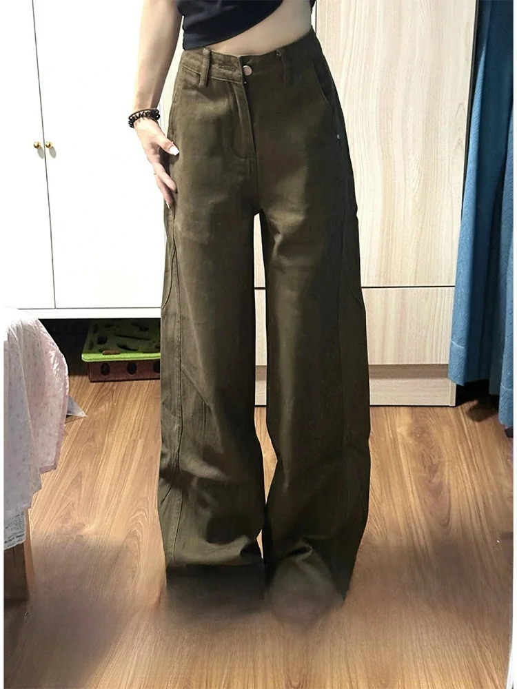 

Американские винтажные джинсы с высокой талией и широкими штанинами для женщин, осенне-зимние, новые, повседневные, свободные брюки, для фигуры типа «груша», цвет кофе...