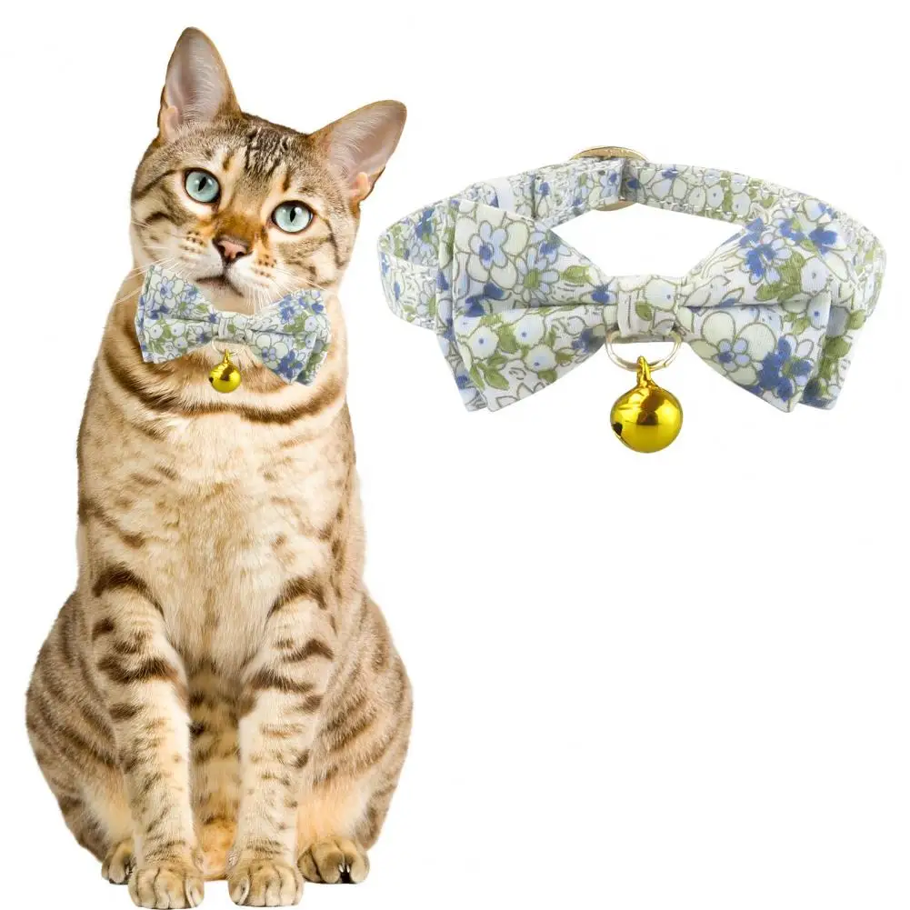 Pet Collar with Small Floral Patterns Elegant Floral Print Pet Collar with Bowtie Bell for Cats Dogs Adjustable Fabric for Small