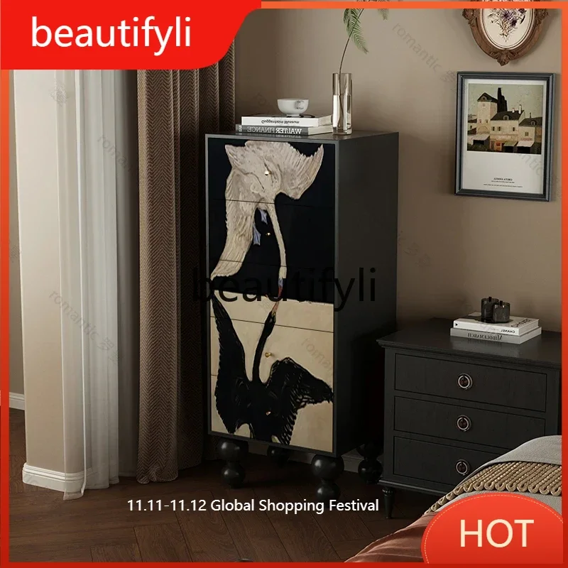 

French light luxury solid wood chest of drawers, bedroom, bedside cabinet, locker, living room, low cabinet D80