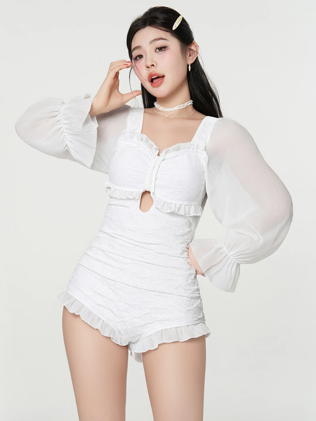 Larger Size One-Piece Swimsuit for Women Pear Shape Conceal Meat Slimming Hot Spring High Sensation Casual Long Sleeve Swimsuit