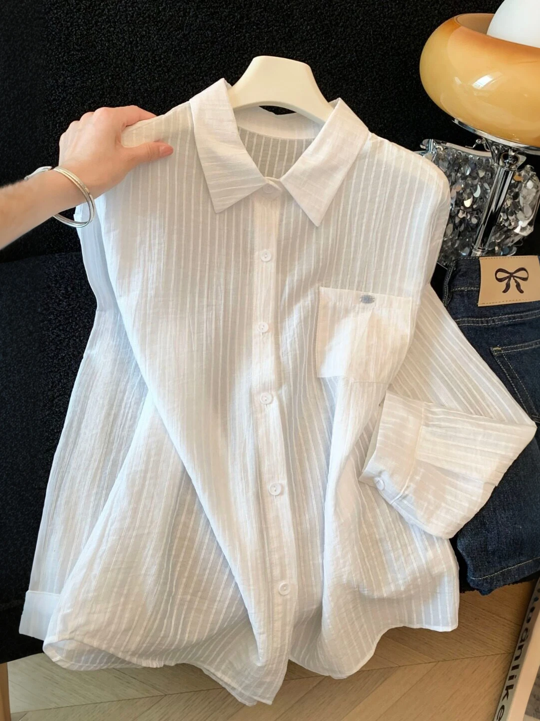 

White Collar Sun Protection Shirt Women Summer 2026 New Lazy Style Loose Cover Long Sleeve Top Fashionable Striped Design