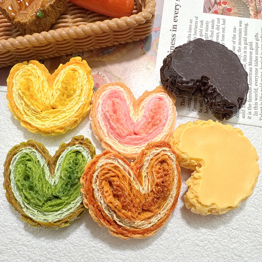 6/60Pc Simulation Heart Palmier Bread Resin Charms Miniature Ornaments for DIY Jewelry Making Scrapbooking Dollhouse Accessories