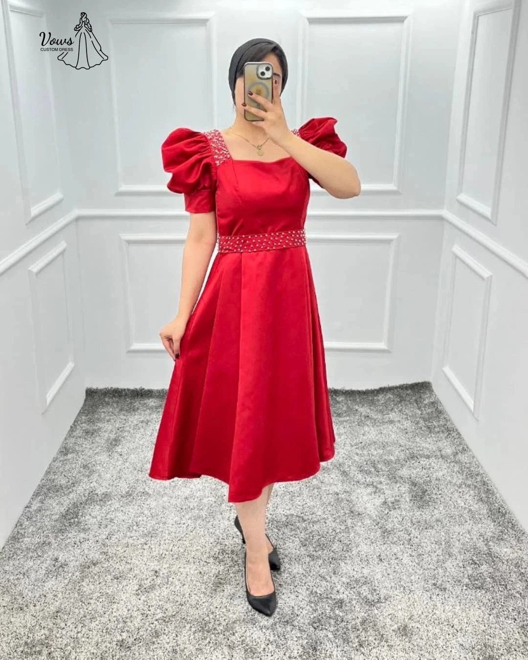 ชุดราตรีหรูหราสำหรับผู้หญิง ชุดเดรสออกงานสุดสง่างามสำหรับผู้หญิง ปี 2025 ตัดเย็บตามสั่ง คอเหลี่ยม แขนพอง ชุดราตรีงานกาล่า