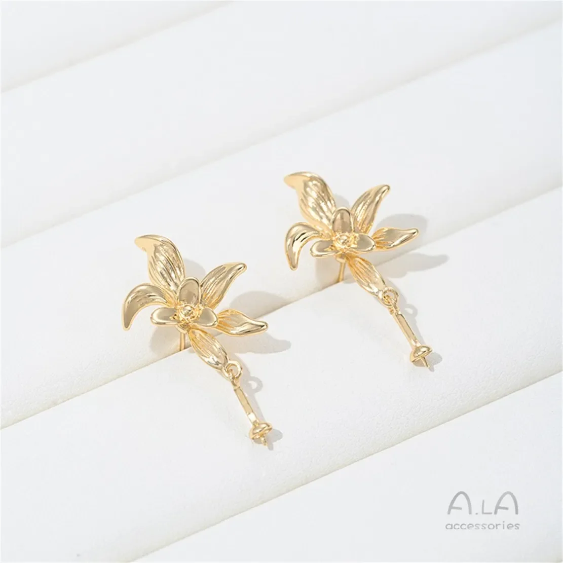 

R587 14K Gold Iris Flower Water Drop Bead Setting Flower Stud Earrings, Handmade Silver Needle Diy Earrings Accessories