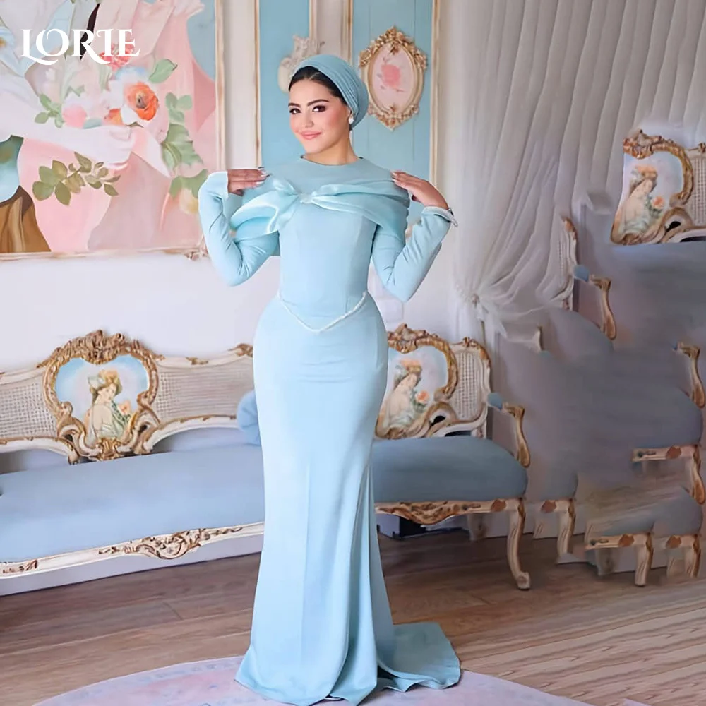 

LORIE High Collar Evening Dress Ruch Long Sleeve Floor Length Princess Prom Dresses Pleats Illsion Arabia Party Gown Customized