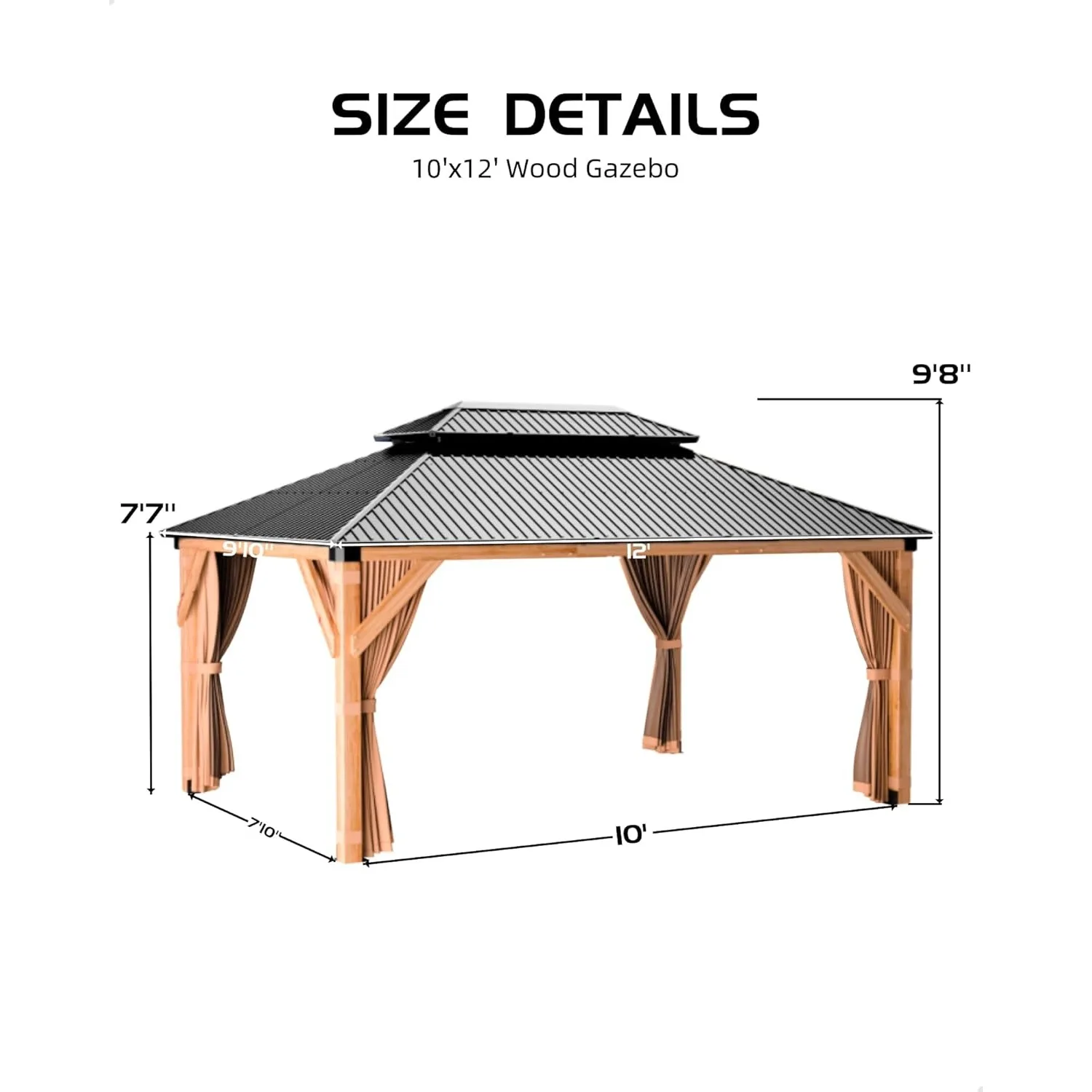 

Customized Outdoor Pavilion, Hardtop Wood Gazebo with Cedar Frame, Galvanized Steel Double Roof & Curtains/Netting