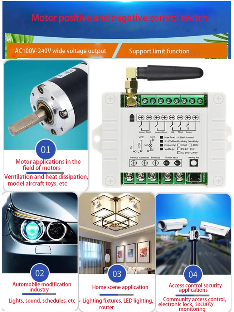 433Mhz RF 12V 24V 48V Electric Door/Curtain/Shutters Limit Wireless Radio Remote Control Switch for Forward and Reverse Motors