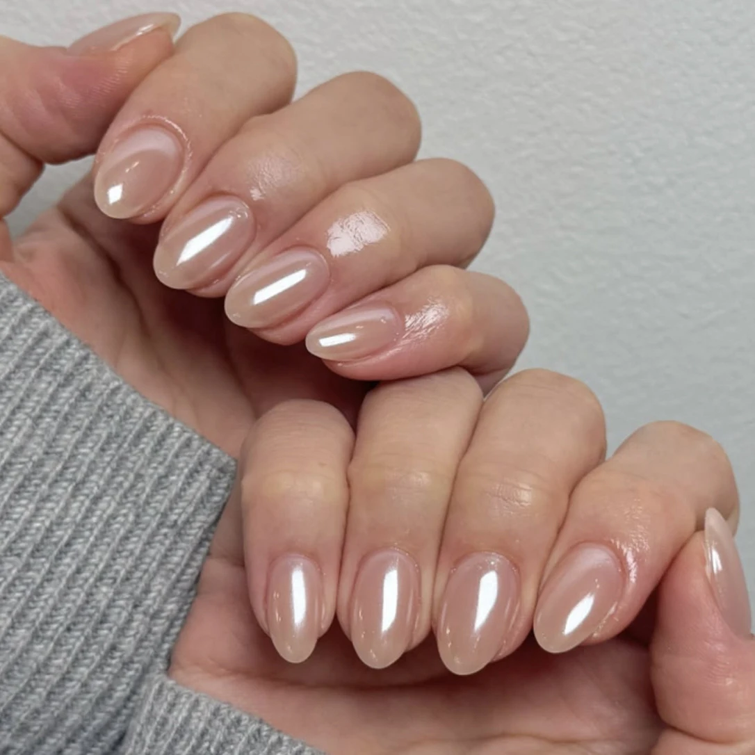Simple French Aurora Pearlescent Almond Fake Nails Art Cat Eye Long Pointed False Nails Charms Glitter Powder DIY Press on Nails
