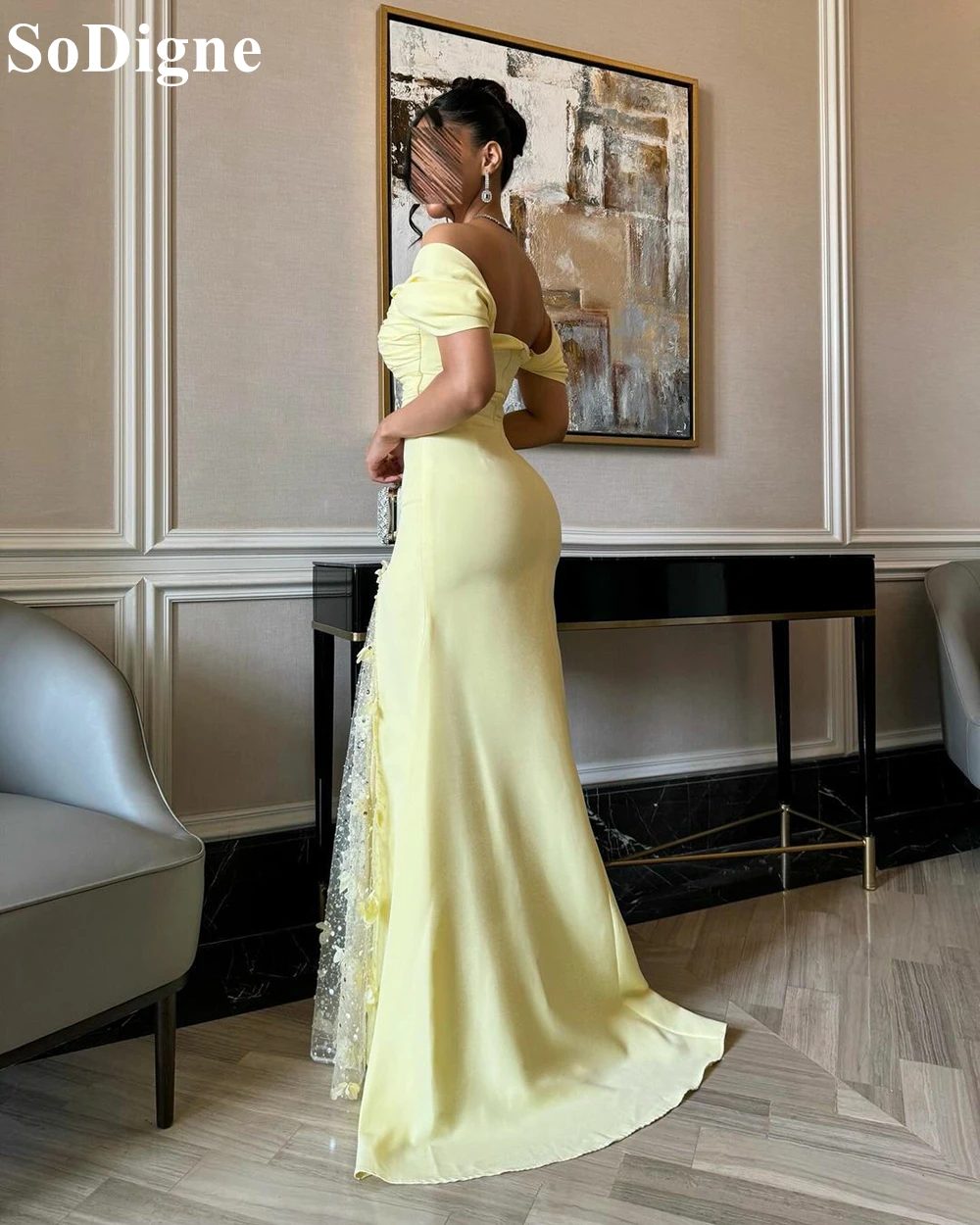 SoDigne Elegant Yellow Evening Dresses Off Shoulder Lace Appliques Mermaid Side Slit Party Dress 2024 Formal Events Prom Gowns