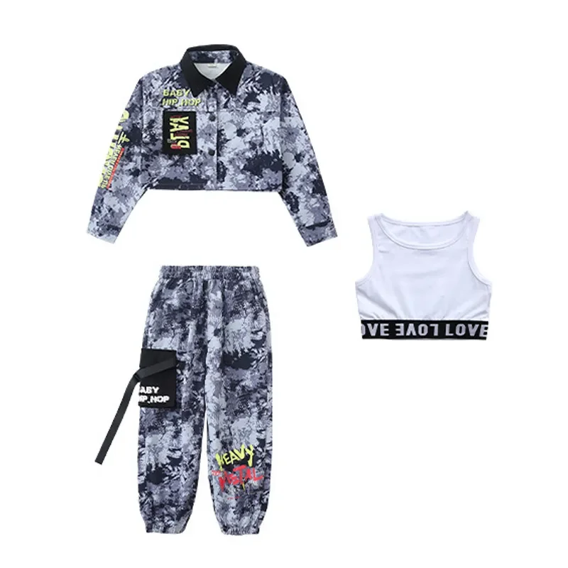 Strap Cargo Jogger Pants for Girl Boy Jazz Dance Costume Clothes Kid Kpop Hip Hop Clothing Camouflage Crop Top Shirt Streetwear