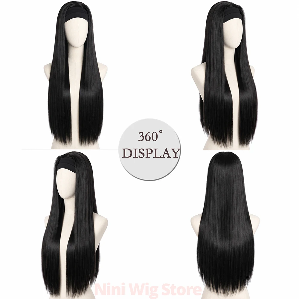 Headband Wig 34Inch Black Long Straight Synthetic Wig for Black Women Halloween Daily Party, No Glue Easy Wear Daily Party Wigs 6