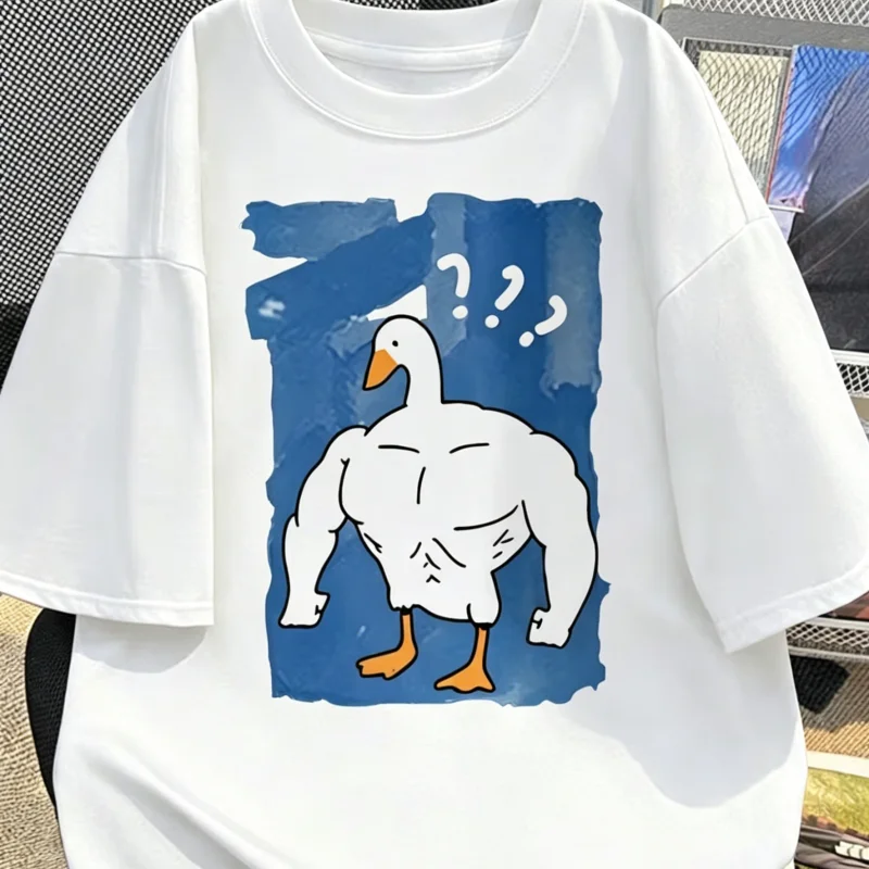 Funny Buff Duck Meme T-Shirt Confused Muscular Goose Graphic Tee Casual Short Sleeve Top Unisex Humor Animal Tshirt Men Women
