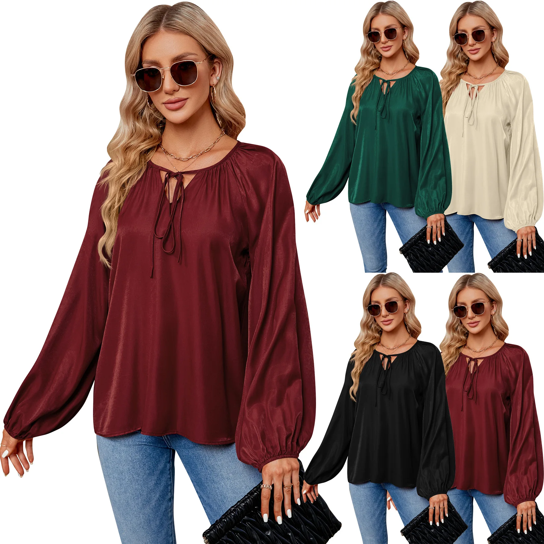 2024 Spring Autumn Women's Long Sleeve T-shirt Female Lantern Long Sleeved Loose Oversized V-neck Lace Up Shirt Women Tops