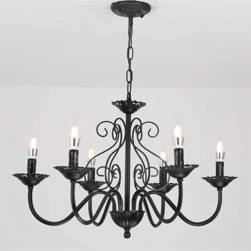 

American Country Retro Wrought Iron Chandelier Candle Holder Light Black Beige Hanging Lamp for Living Room Bedroom Cloth Store