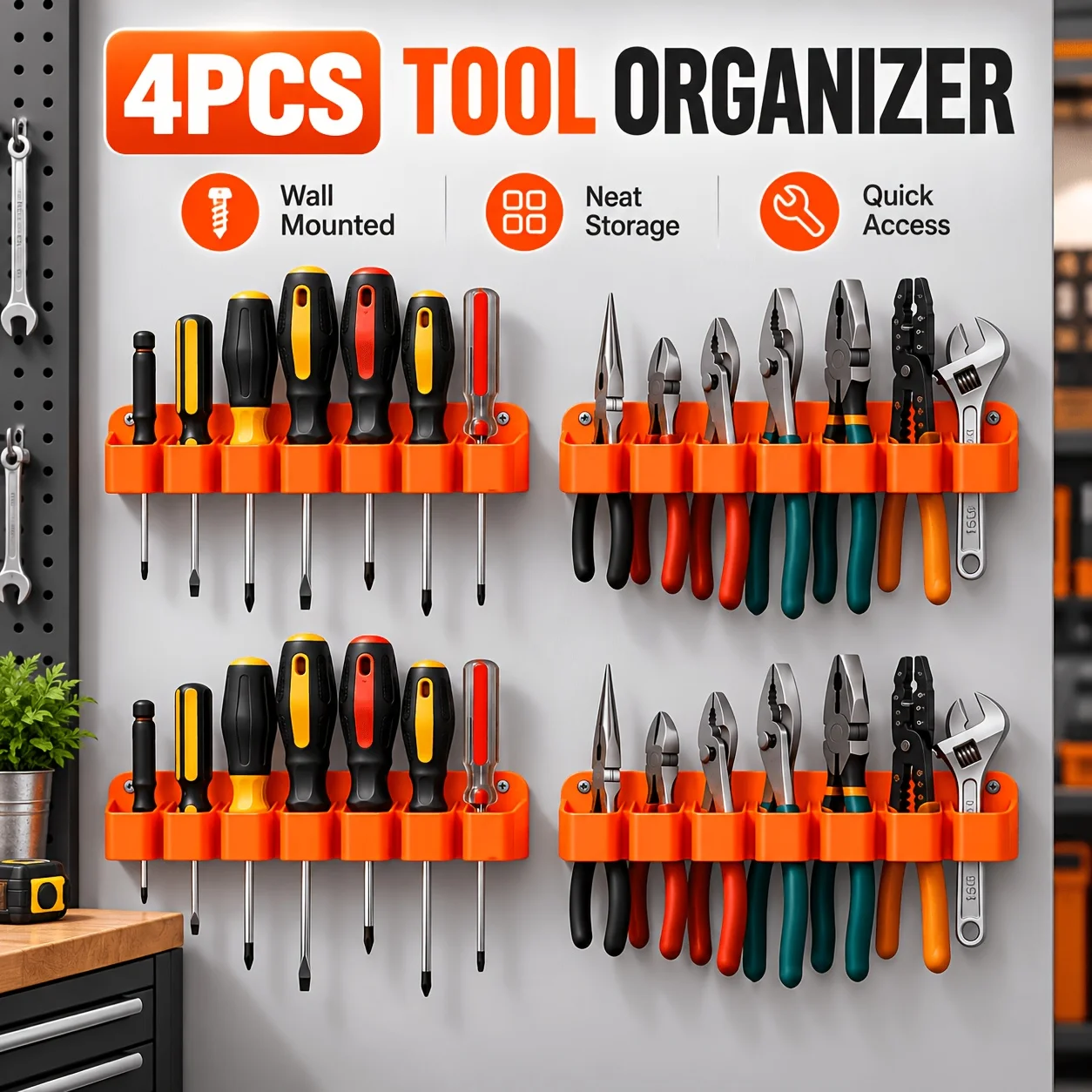 4pcs 7-Slot Wall-Mounted Screwdriver And Pliers Storage Rack, Garage Tool Sorting Rack, Suitable for Workshops, Sheds, Home Tool