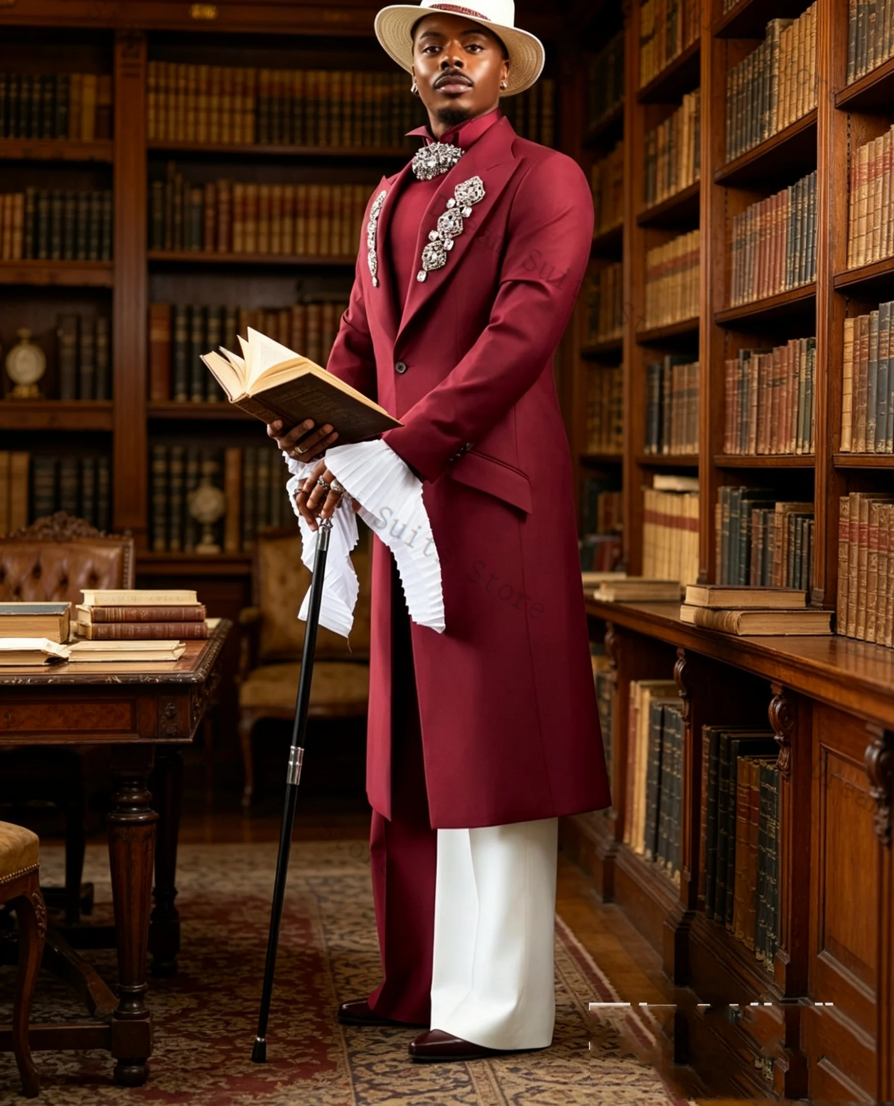 Burgundy Men Suit Set 2 Pcs Long Blazer+Pants Trousers Crystals Customized Formal Office Jacket Wedding Tuxedos Prom Coat