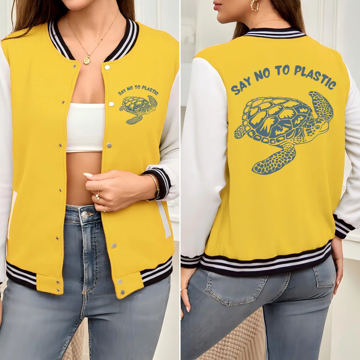 

Say No To Plastic Turtle Print Jackets Women Fashion Cotton Baseball Uniform Pocket Loose Woman Clothes Colorful Soft Top