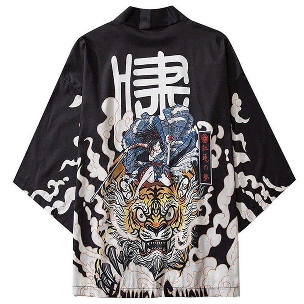 Handsome tiger print Japanese men\'s cardigan kimono daily casual men\'s three-quarter sleeve top without button loose