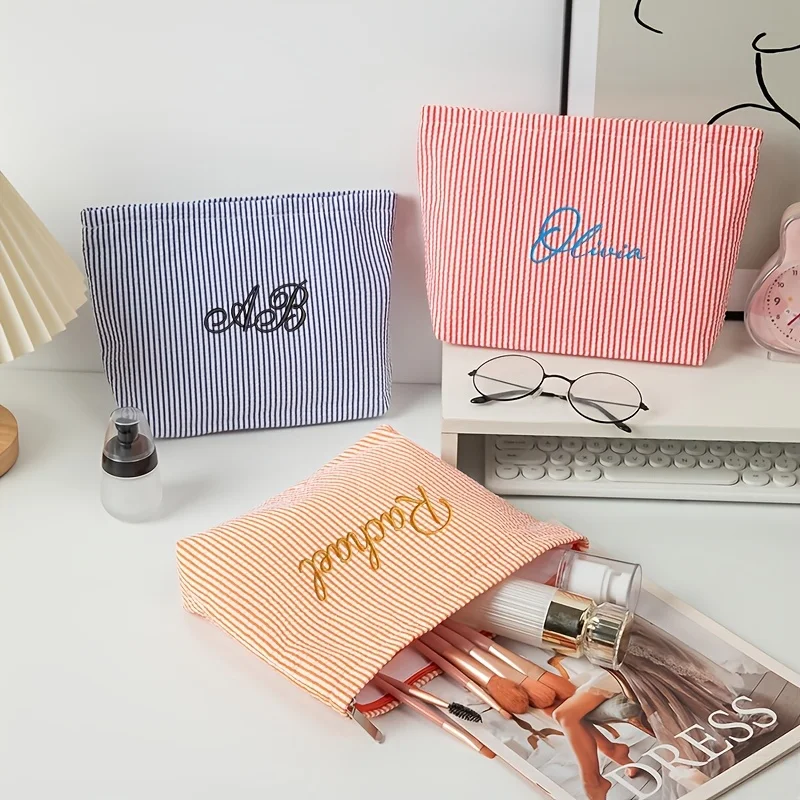 Embroidered Name Wash Bag Customized Stripe Makeup Bag Suita