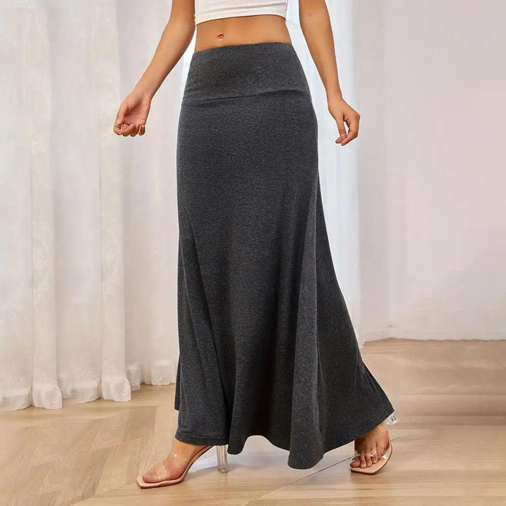 

Women Maxi Skirt Elastic High Waist A-Line Long Skirt Solid Color Design Casual Knitting Skirt Spring Autumn Daily Wear