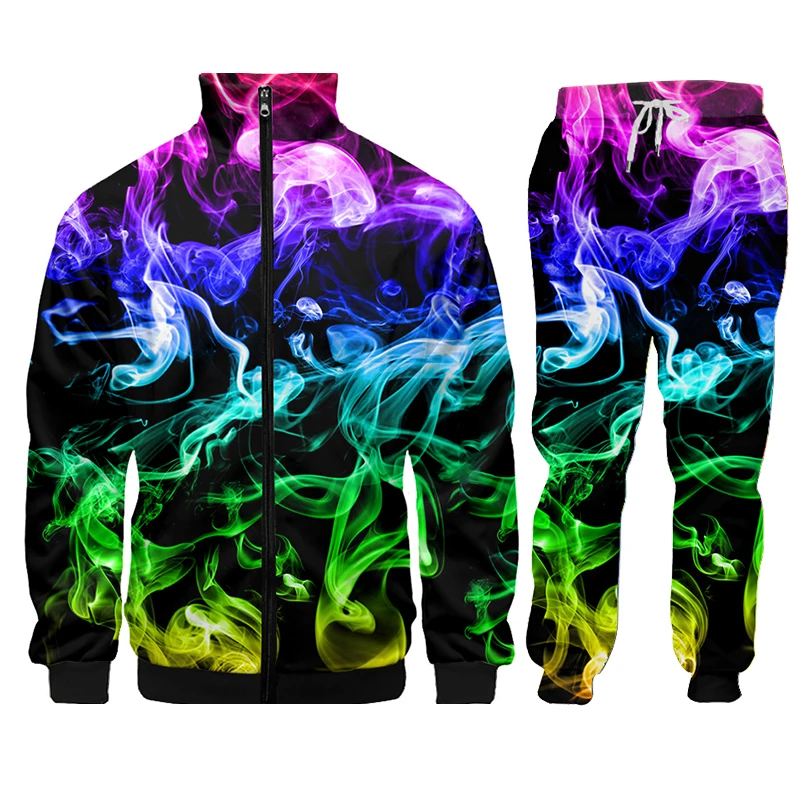 Colorful Smoke Men Tracksuit Hoodie 2 Piece Tops Pants Mens Sweat Suits Set 3D Print Plus Size Jogger Sets Men Clothing Custom
