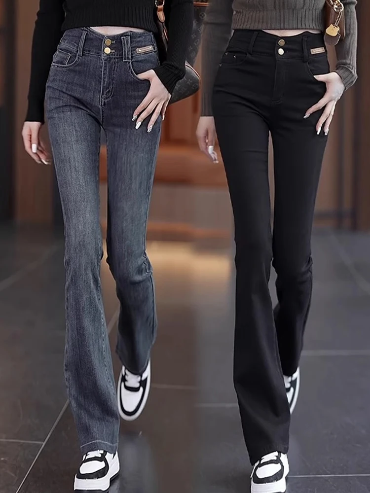 

Расклешенные джинсовые джинсы в стиле ретро, женские весенне-осенние облегающие эластичные джинсы с высокой талией, длинные брюки-клеш, летняя мода, большие размеры