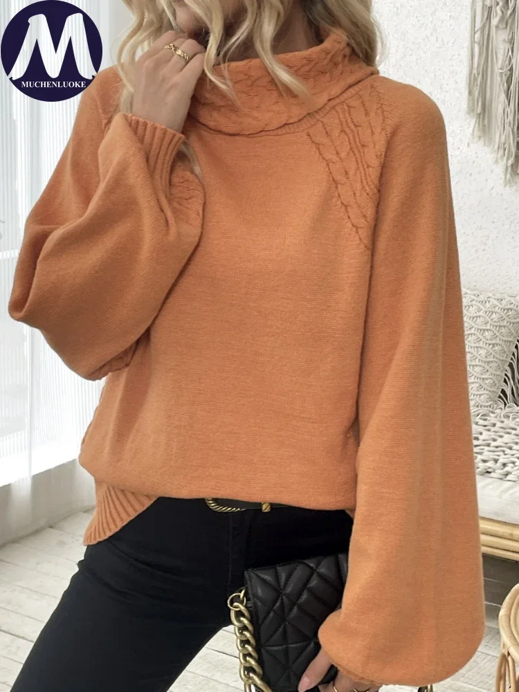 Sweater for Woman Autumn Winter Floral Half High Collar Princess Sleeves Knitted Sweater Fashion Casual Loose Sweaters Pullovers