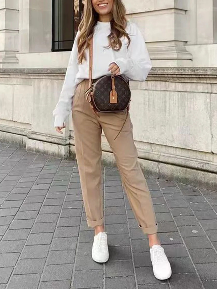 

Women Fashion With Pockets Casual Basic Solid Pants Vintage High Waist Zipper Fly Female Ankle Trousers Pantalones