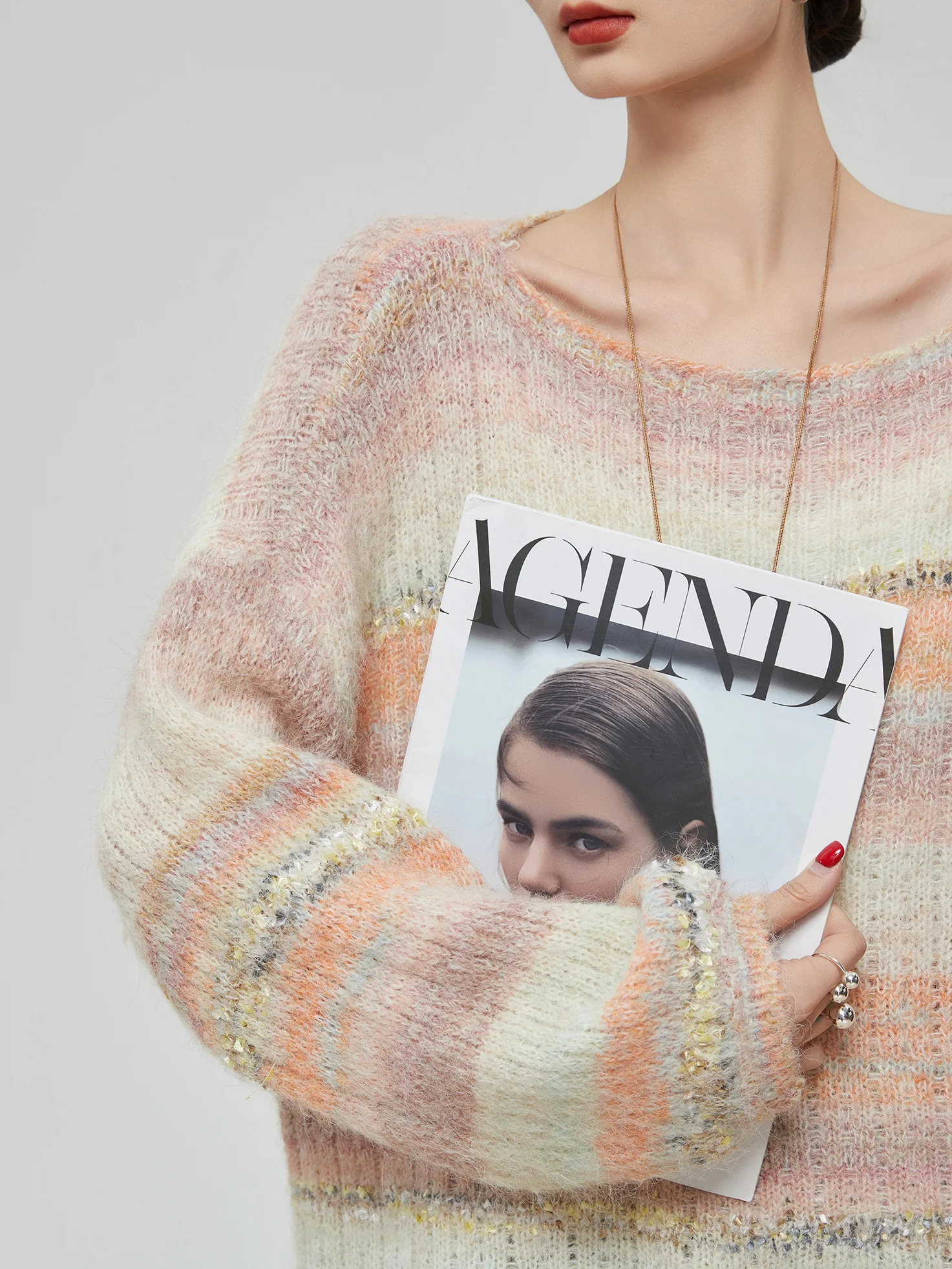 

Pink Striped Long Sve Women's Knitwear Casual Sle Polyester Fiber round Ne Pullover Autumn New Arrival Trendy Lazy Art...