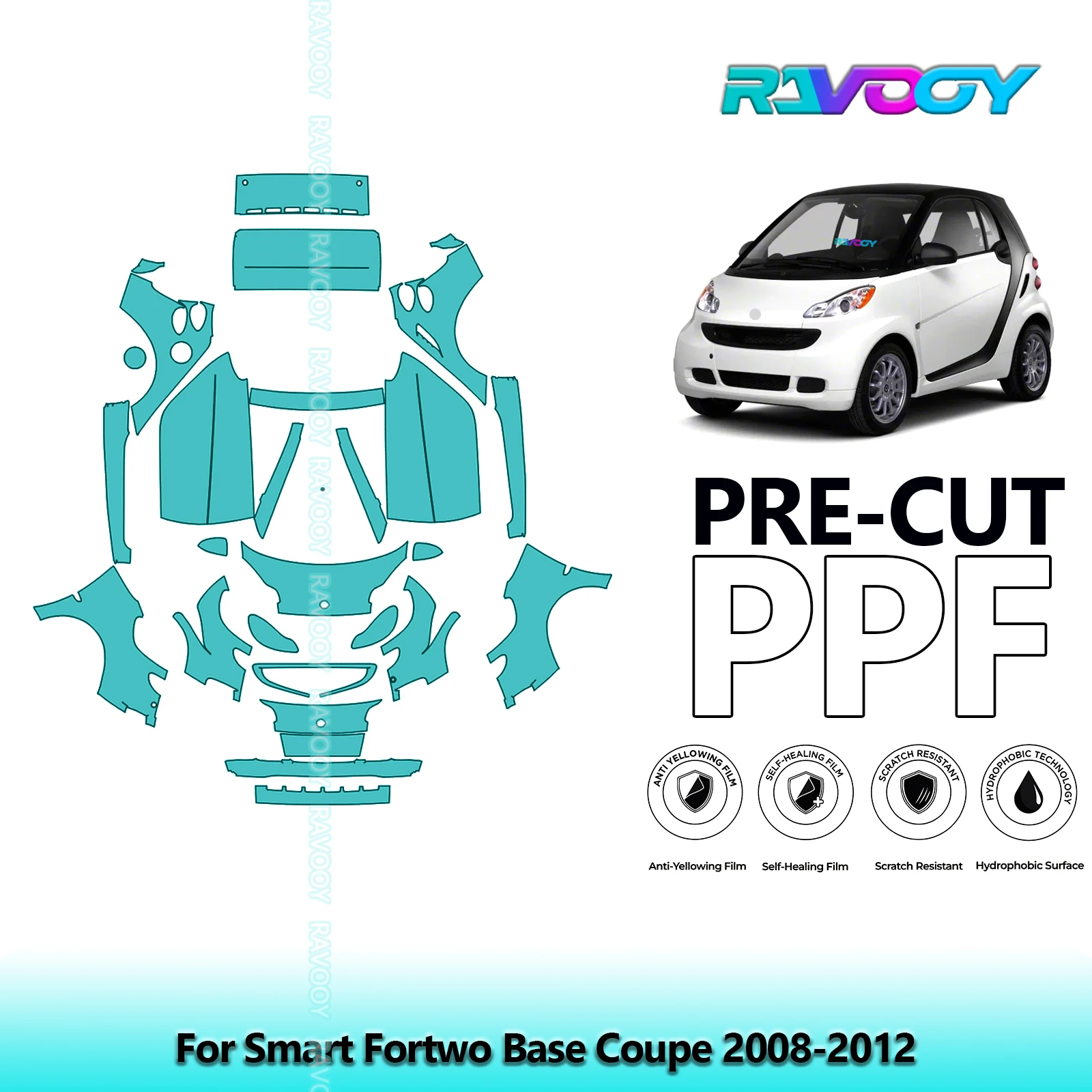 RAVOOY Custom-Fit Precut TPU Paint Protection Film Full Vehicle Clear Bra Stone Chip Guard For Smart Fortwo Base Coupe 2008-2012