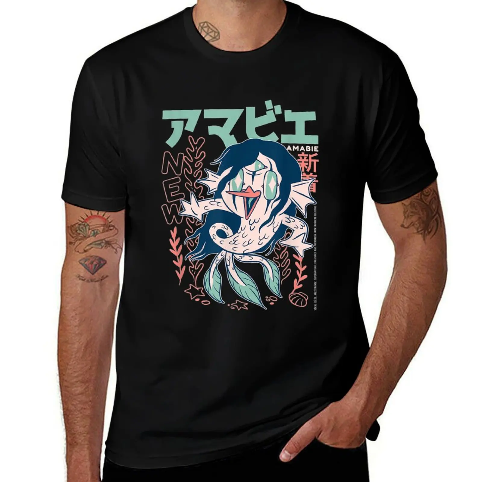 Amabie Japanese Yokai - Cute Japanese Mermaid Chibi Legend T-Shirt customs Short sleeve tee oversized men clothes