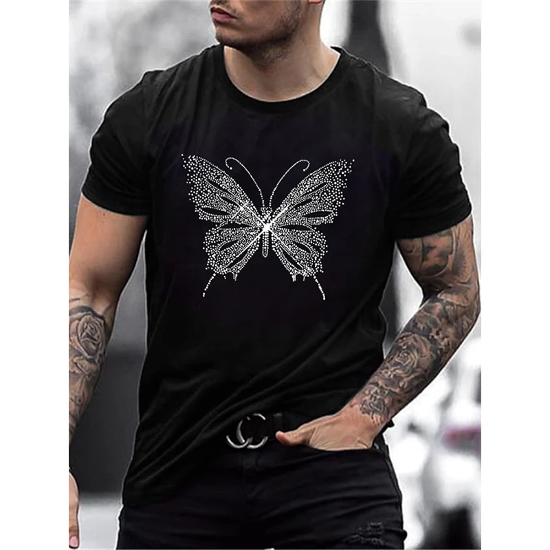 Oversized High Quality Fashion Men's T-shirt y2k Butterfly Rhinestone Designer Short Sleeve Tops Moto Casual Clothing Street Tee