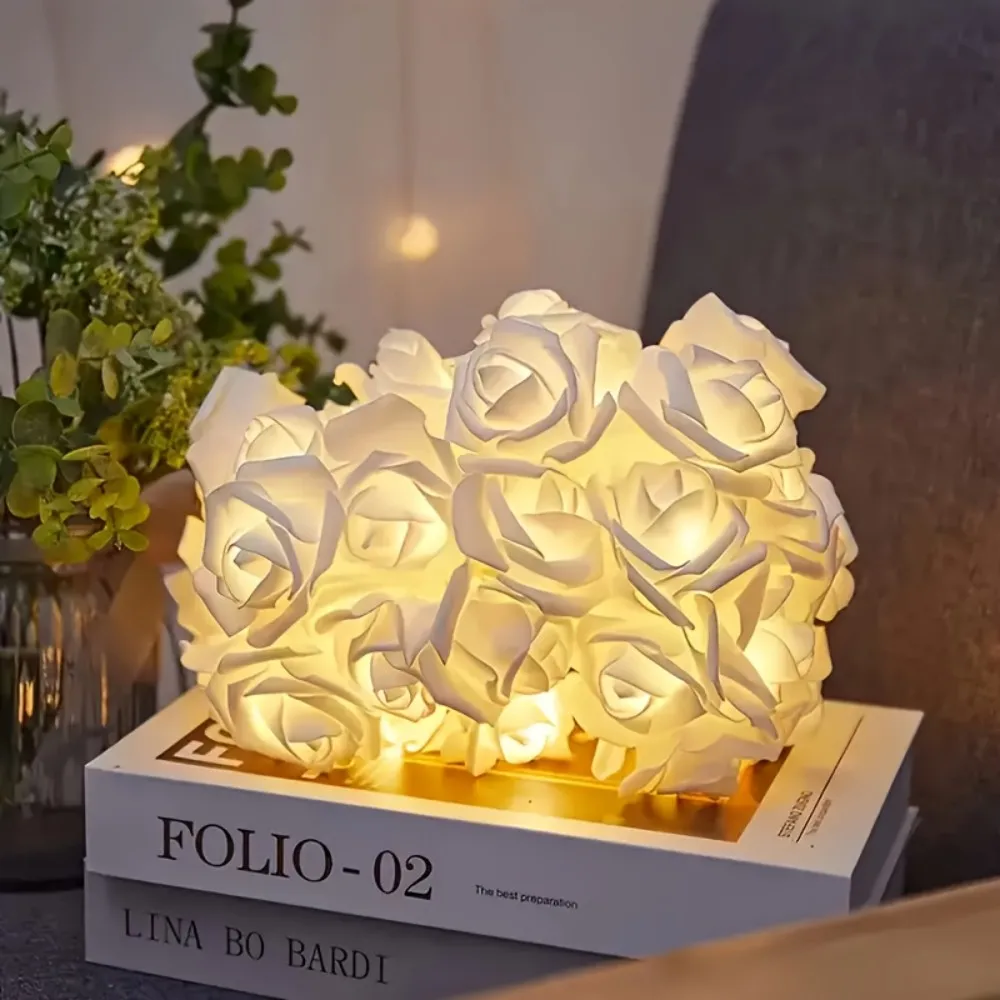 1 x künstliche weiße Rosen-Lichterkette, batteriebetrieben (exkl), Dekor für Hochzeitsantrag im Schlafzimmer, Valentinstagsgeschenk