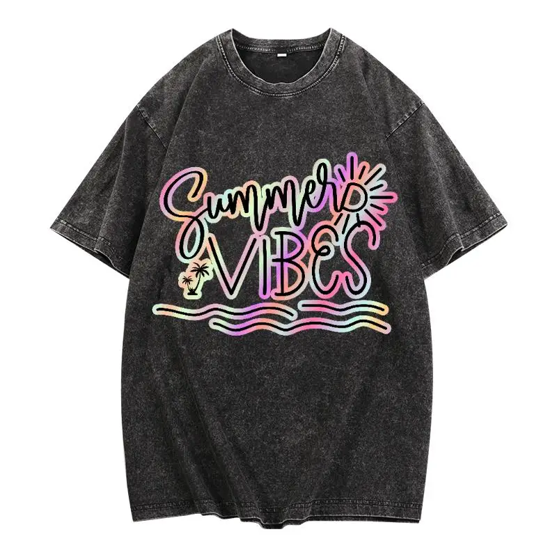 

Summer Vibes Neon Graphic T-Shirt Colorful Beach Sunset Print Tee Cute Aesthetic Vacation Shirt for Women Men Casual Look