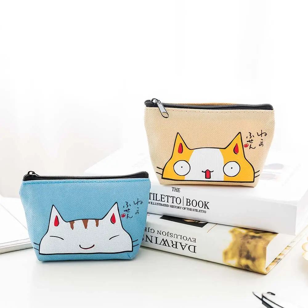 Dompet wanita klasik manis Multifungsi, dengan ritsleting kartun kucing cetak dompet koin kecil tempat kartu tas uang Korea