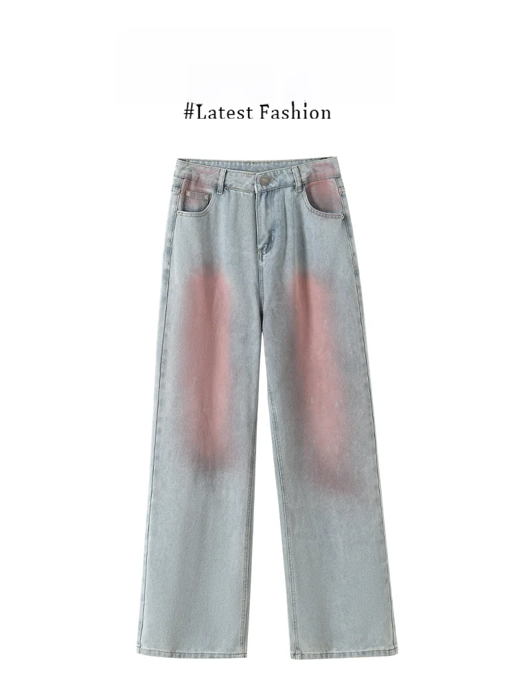 

Винтажные джинсы Parkyeon с эффектом потертости, градиентного розового цвета, с высокой талией, свободного прямого кроя, в пол, для женщин, летний образ