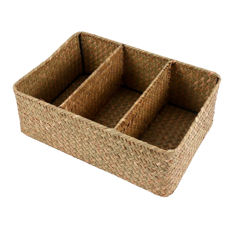 

3-Section Wicker Baskets For Shelves, Hand-Woven Seagrass Storage Baskets Toilet Paper Basket Large