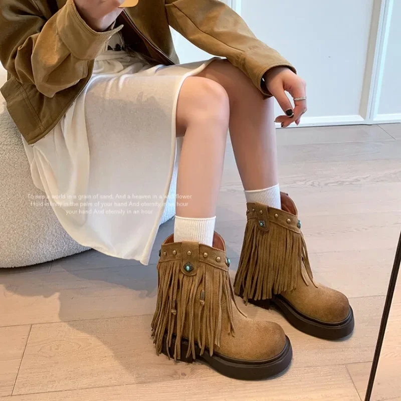 Women Short Ankle Boots Tassel Round Toe Sexy Autumn Winter Low Heels Cow Suede Genuine Leather Comfortable Black Shoes 34-40