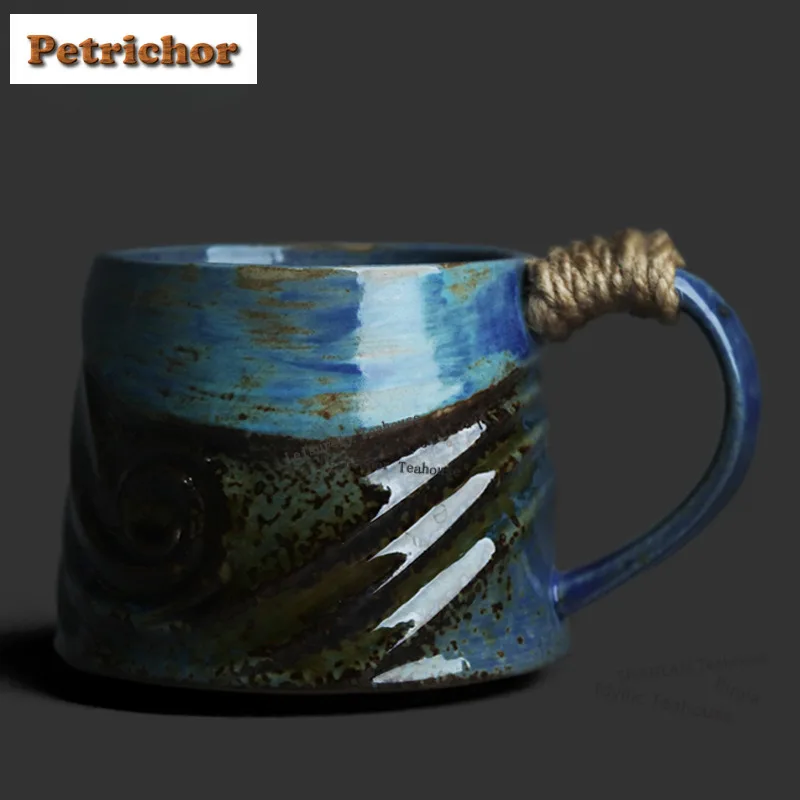 

300ml Kiln Fambe Blue Handle Coffee Mug Breakfast Mug Afternoon Tea Mug Household Master Office Water Cup Tableware Supplies