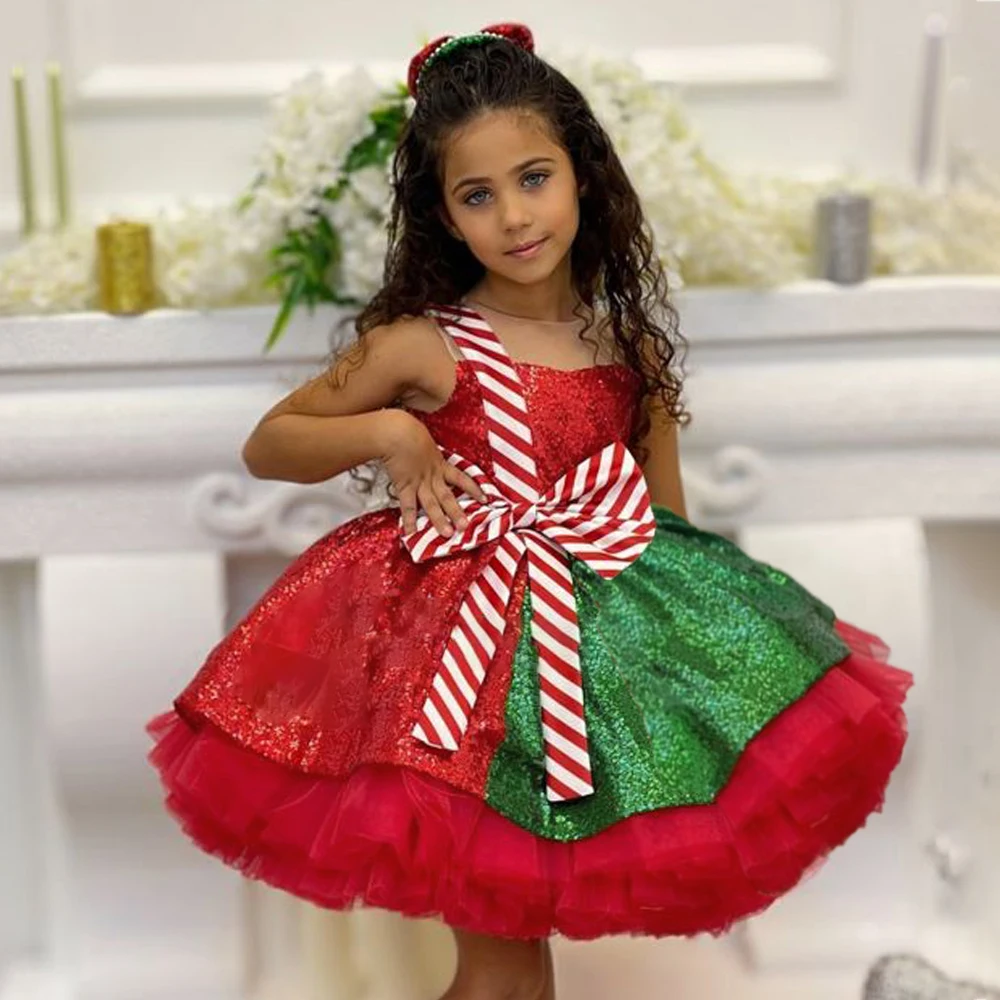 Striped Bow Christmas Dresses for Girls Elegant Fluffy Tulle Cosplay Costumes Party Girls Princess Red Xmas Dress Birthday Gown