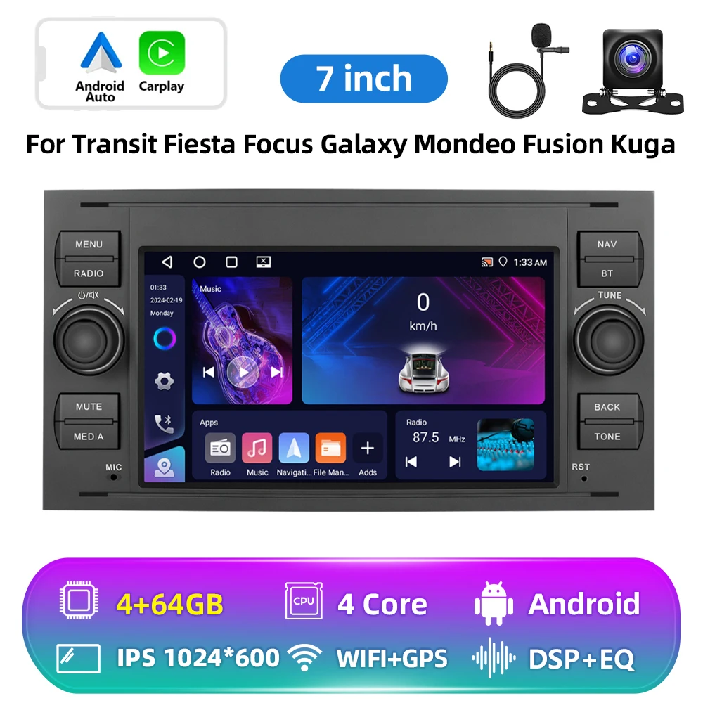 Podofo 7-Zoll Carplay Android Autoradio mit GPS-Navigation für Ford Focus Transit Fiesta Galaxy Mondeo Fusion Kuga C-Max Multifunktionales Auto-Stereo